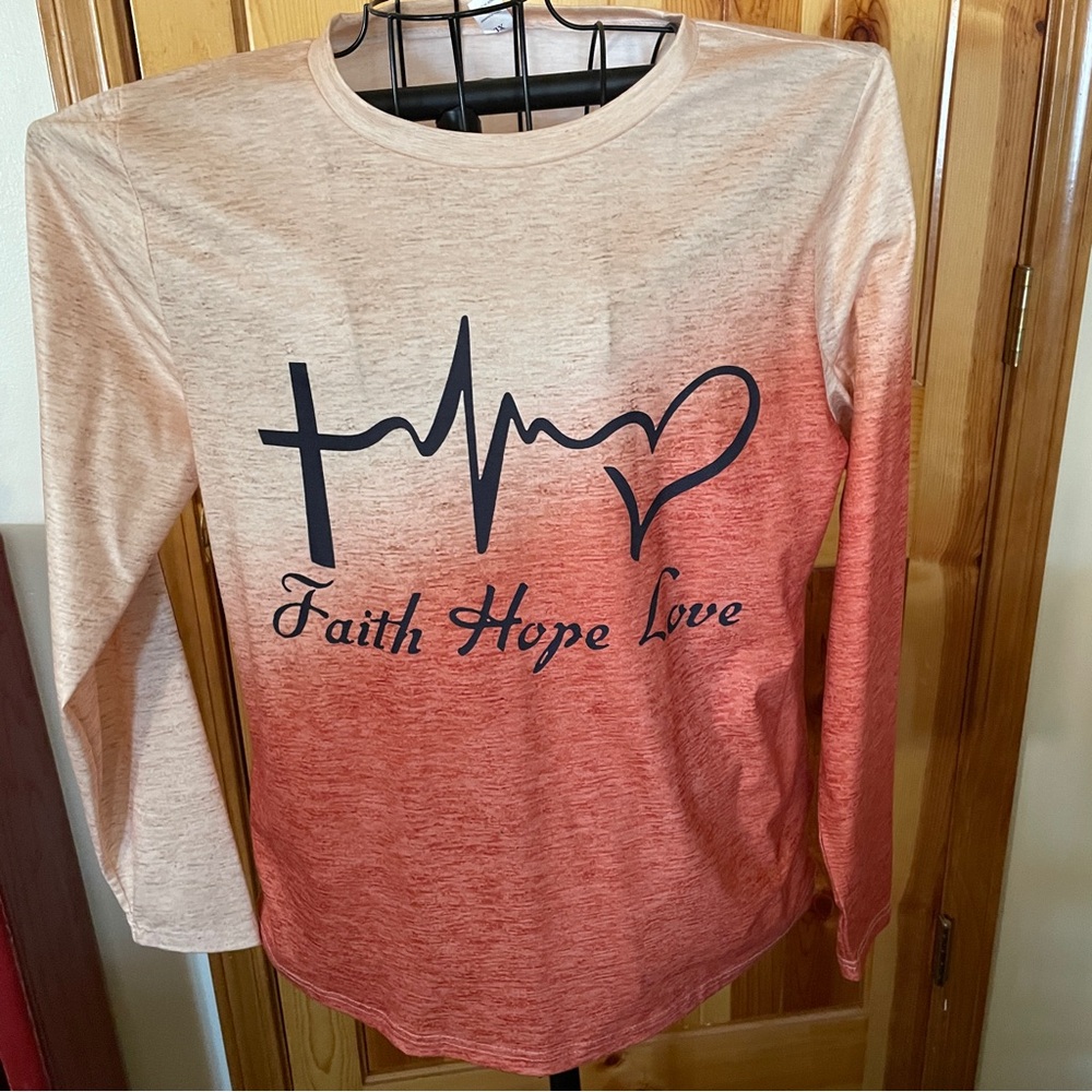 Cross Letter Print Crew T-Shirt Tee Long Sleeve Christian Faith Hope Love XL NEW